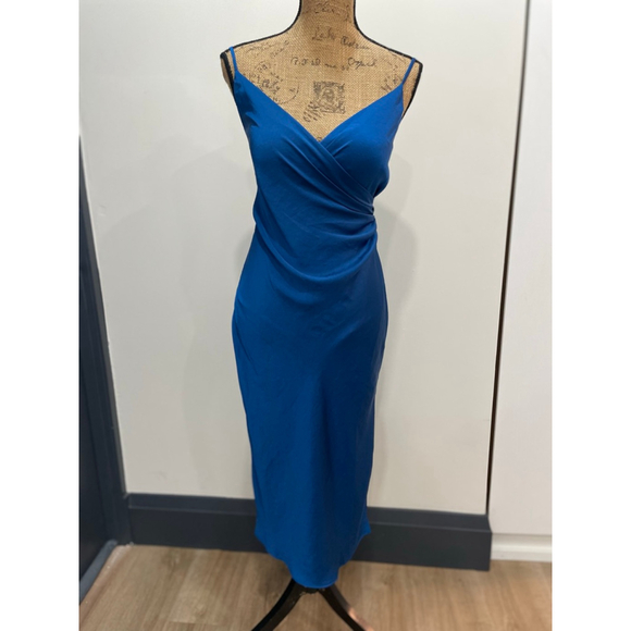 Wilfred Dresses & Skirts - Wilfred Scenery Blue Satin Midi Slip Dress S Faux Wrap Slit Going Out